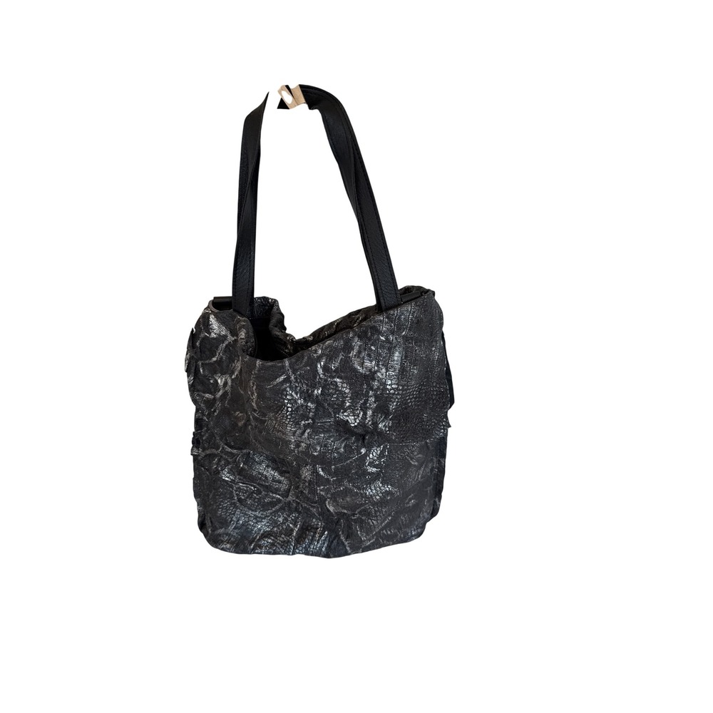 Metallic Silver Textured Leather Tote Bag Asymmetrical Flap Shoulder Bag Black